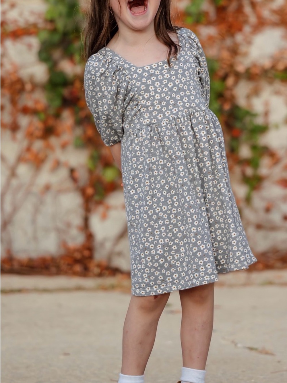 Rylee + Cru Grey Floral Puff-Sleeve Kids Dress